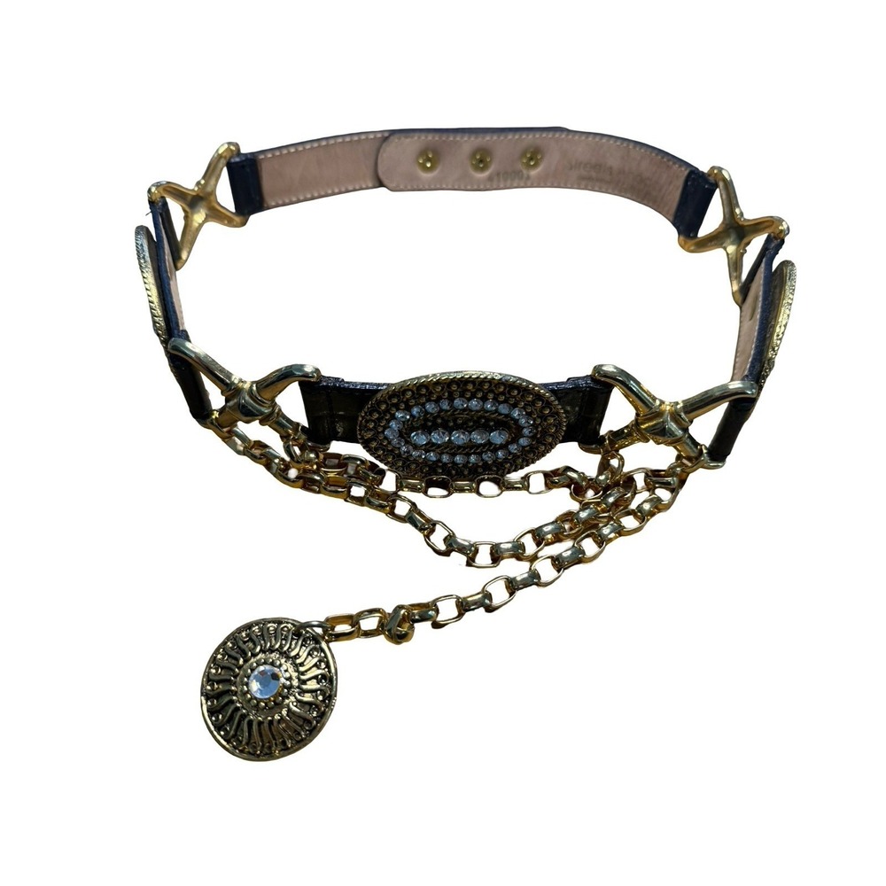 STREETS AHEAD 80S VTG WIDE LEATHER CRYSTAL GOLD CHAIN MEDALLION BELT SML RUNWAY